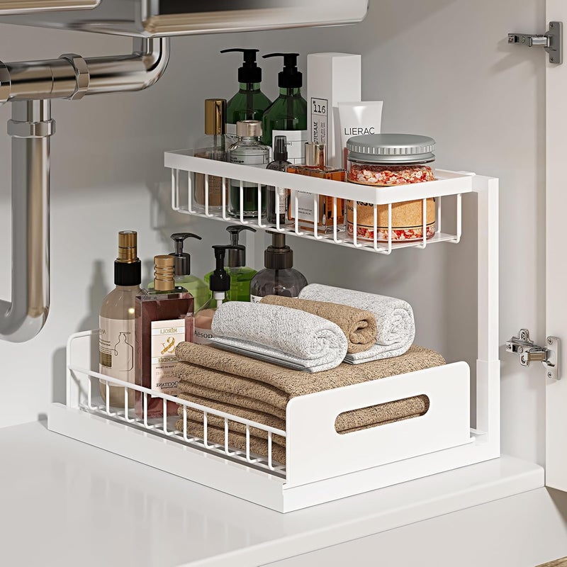 REALINN Under Sink Organizer, Pull Out Cabinet Organizer 2 Tier Slide Out Sink Shelf Cabinet Storage Shelves, Under Sink Storage for Kitchen Bathroom Cabinet, White, 1 Pack - Image 1