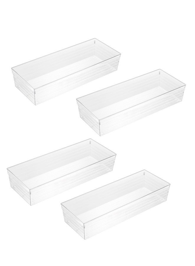 Backerysupply 4 Pack Storage Bins For Bathroom Cosmetic Makeup Vanity Clear Plastic Desk Drawer Organizers Tray Kitchen Utensils Silverware Dividers 15"x6"x2" - Image 1