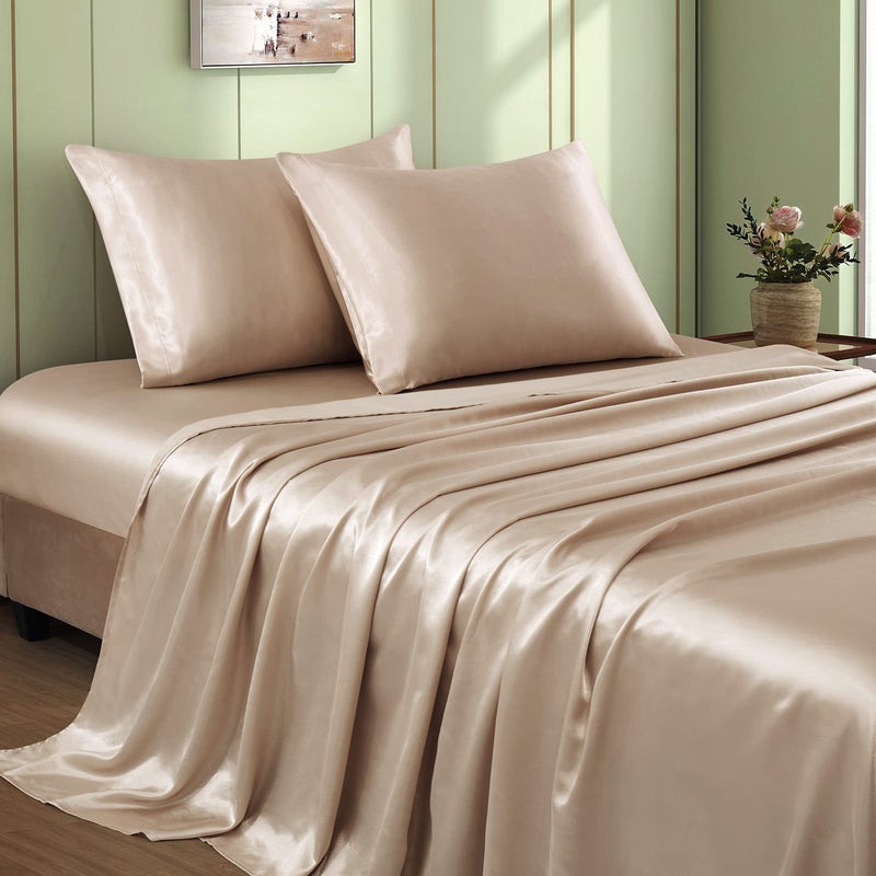 VACVELT 4pcs Beige Satin Sheets King Size Bed Set 15 Inch Deep Pocket Silky Satin Sheet Set Soft Satin Bedding Set Cooling  Luxury Bed Sheets 1 Fitted Sheet  1 Flat Sheet  2 Pillowcases