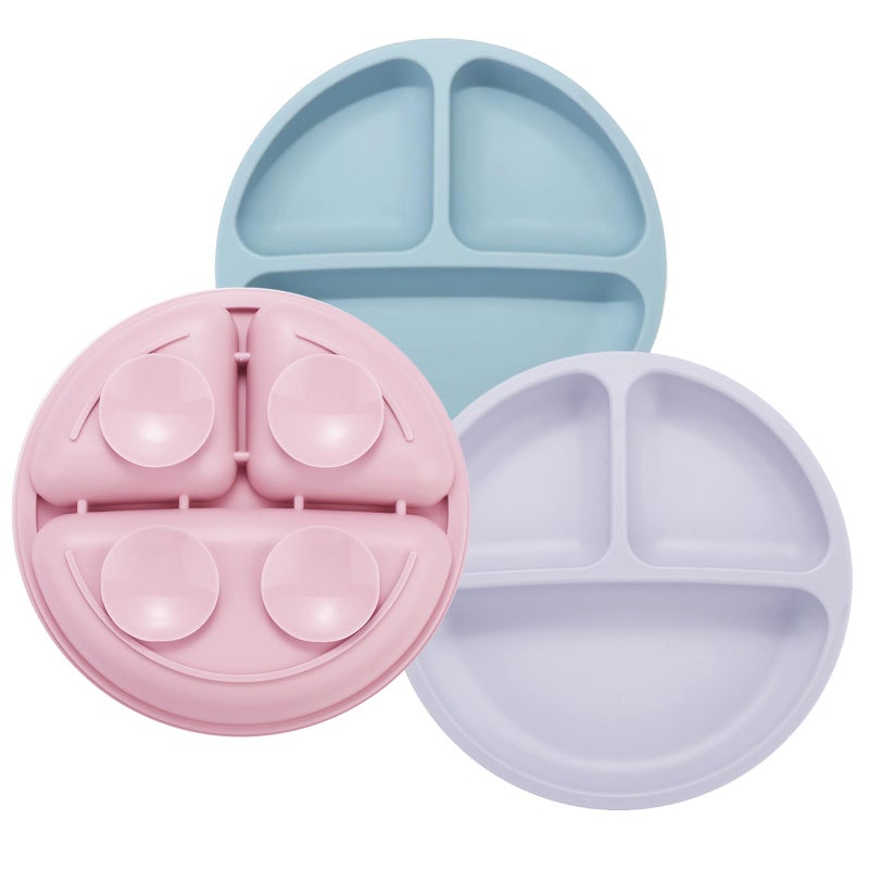 PandaEar 3 Pack Toddler Plates, Silicone Divided Suction Plate for Babies, BPA-Free 100% Food-Grade Silicone Unbreakable Baby Plate (Pink/Purple/Blue) - Image 1