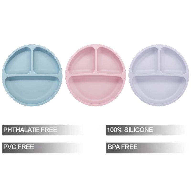 PandaEar 3 Pack Toddler Plates, Silicone Divided Suction Plate for Babies, BPA-Free 100% Food-Grade Silicone Unbreakable Baby Plate (Pink/Purple/Blue) - Image 2