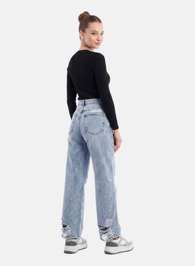 FOREVER 21 Distressed Wide-Leg Jeans with Tie Belt Detail - Image 2