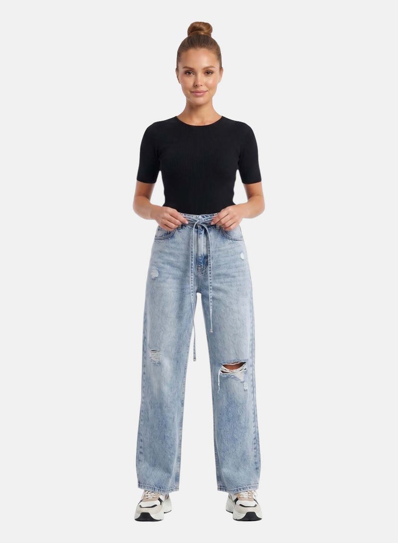 FOREVER 21 Distressed Wide-Leg Jeans with Tie Belt Detail - Image 1