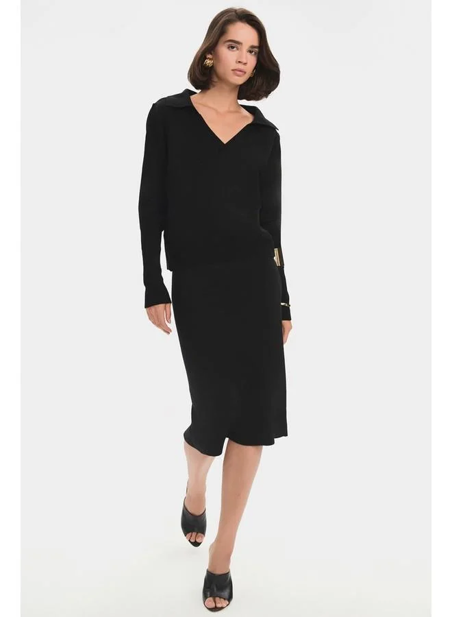 JUNE June Women Straight Fit Polo Neck Slit Detailed Knitwear Sweater Skirt Set Black