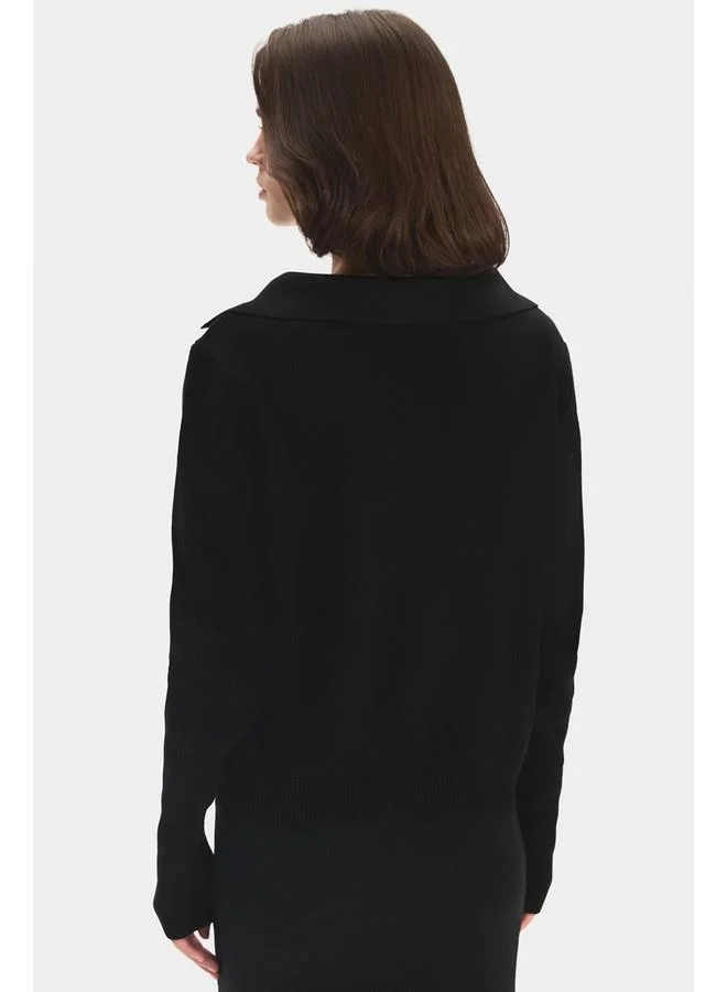 JUNE June Women Straight Fit Polo Neck Slit Detailed Knitwear Sweater Skirt Set Black