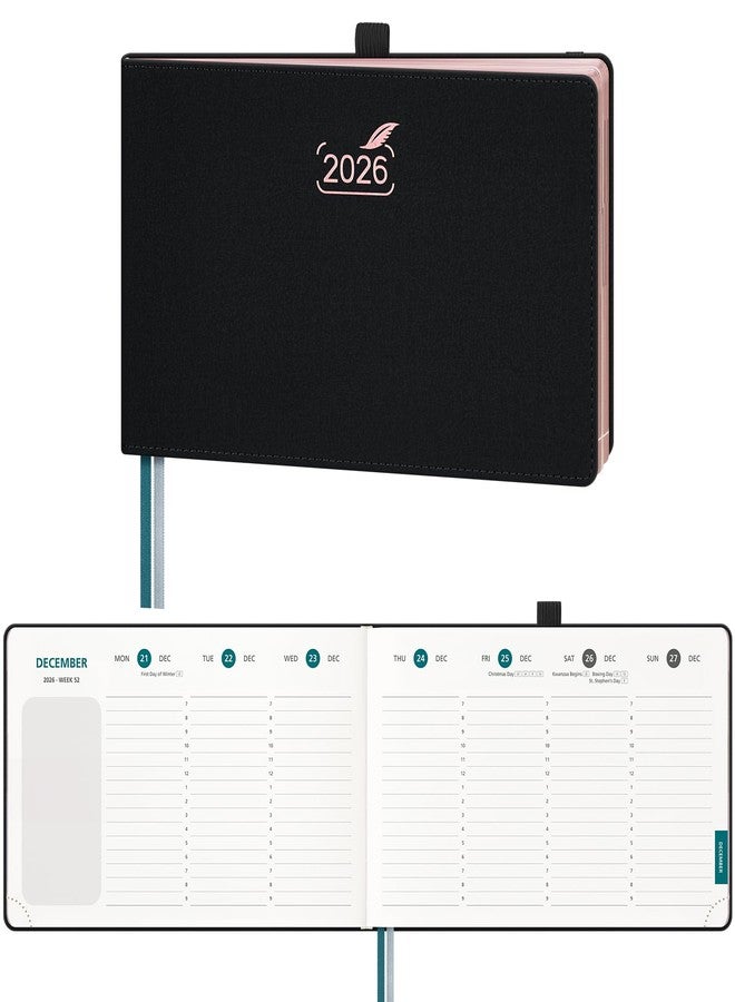 BEZEND Weekly Monthly Planner 2026, Landscape Calendar Book Runs Jan-Dec 26 (Medium 9" x 5.5"), Hourly Timeslots & Notes, Rose Gold-Glided Paper Edge & PU Leather Hardcover in Black - Image 1