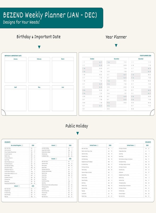 BEZEND Weekly Monthly Planner 2026, Landscape Calendar Book Runs Jan-Dec 26 (Medium 9" x 5.5"), Hourly Timeslots & Notes, Rose Gold-Glided Paper Edge & PU Leather Hardcover in Black - Image 5