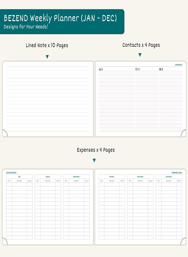 BEZEND Weekly Monthly Planner 2026, Landscape Calendar Book Runs Jan-Dec 26 (Medium 9" x 5.5"), Hourly Timeslots & Notes, Rose Gold-Glided Paper Edge & PU Leather Hardcover in Black - Image 4