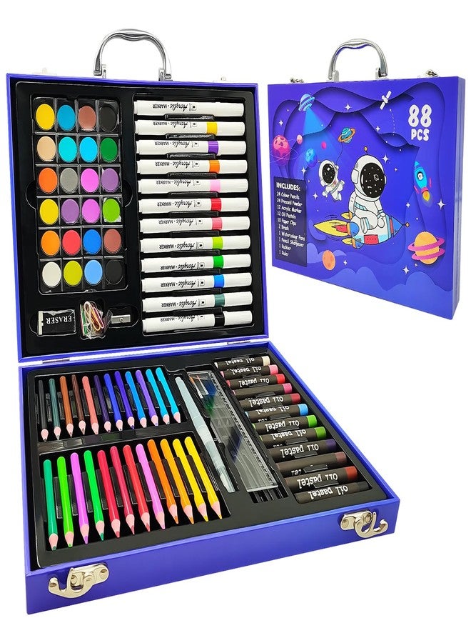 FBLOWMOD 88Pcs Astronaut Markers Set, Drawing Set For Kids, Portable Art Case, Color Pencils, Pressed Powder, Acrylic Marker, Oil Pastels with Case ect, Holiday & Birthday Gift for Ages 3+ Childs - Image 1