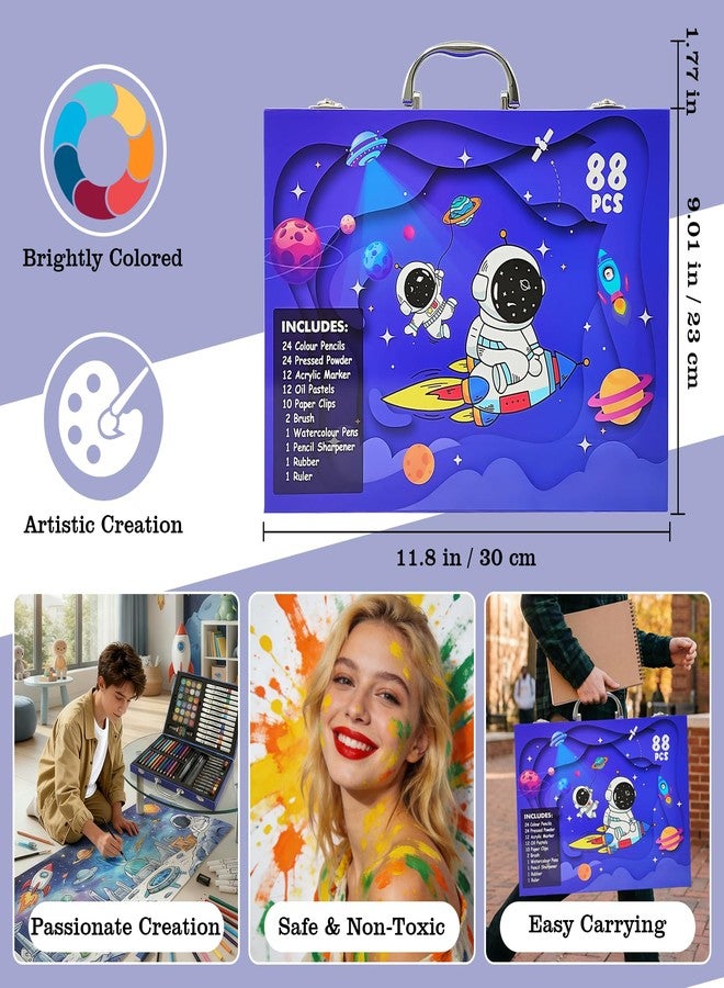 FBLOWMOD 88Pcs Astronaut Markers Set, Drawing Set For Kids, Portable Art Case, Color Pencils, Pressed Powder, Acrylic Marker, Oil Pastels with Case ect, Holiday & Birthday Gift for Ages 3+ Childs - Image 2