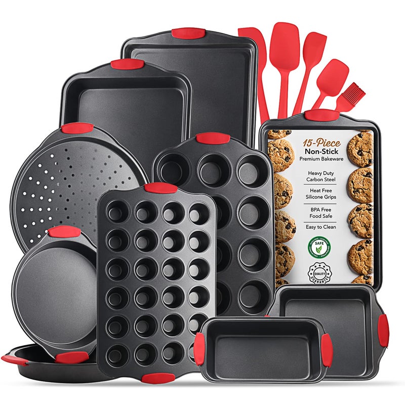 Baking Pan Set 15 Piece Premium Baking Set Nonstick Bakeware Sets BPA Free Cookie Sheets for Baking Nonstick Set Steel Baking Sheets for Oven with Muffin Pan Cake Pan Black Kitchen Utensils