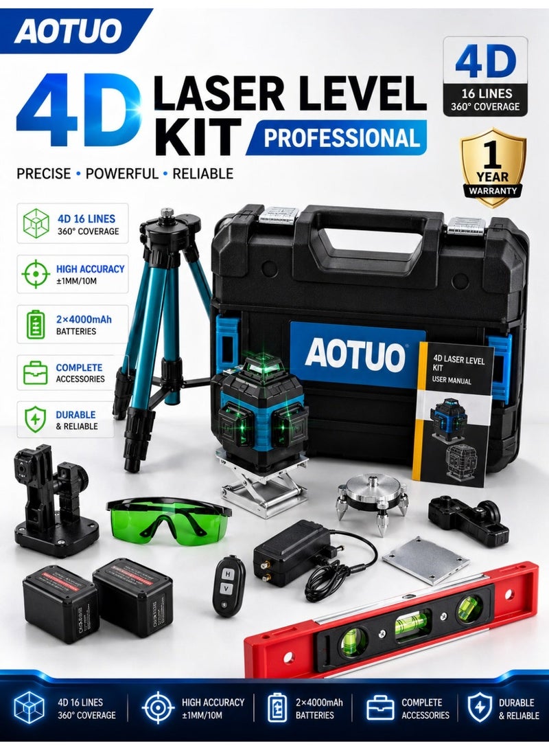 AOTUO 16 Line Laser Level 4x360° Self-Leveling Green Laser Level with Tripod, 4D Green Crosshairs for Construction and Picture Hanging, Laser Measuring Tool with 2 Rechargeable Batteries and Tool Bag… - Image 1