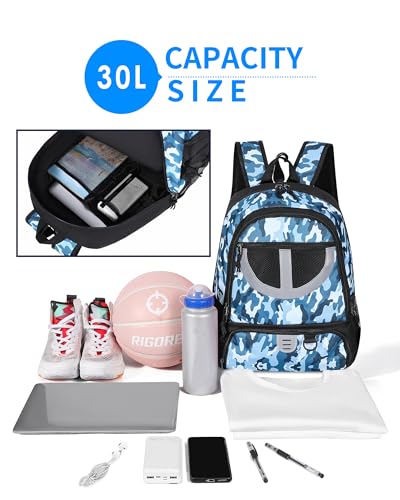 TRAILKICKER Basketball Bag Backpack for Women Men with Ball & Shoes Compartment 30L Capacity Lightweight Breathable Boys Girls Soccer Ball Bag Backpack Fit Volleyball Football Sports Travel School Gym Blue Camo - Image 3