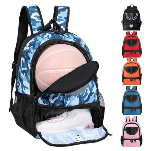 TRAILKICKER Basketball Bag Backpack for Women Men with Ball & Shoes Compartment 30L Capacity Lightweight Breathable Boys Girls Soccer Ball Bag Backpack Fit Volleyball Football Sports Travel School Gym Blue Camo - Image 1