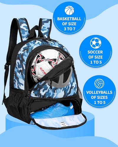 TRAILKICKER Basketball Bag Backpack for Women Men with Ball & Shoes Compartment 30L Capacity Lightweight Breathable Boys Girls Soccer Ball Bag Backpack Fit Volleyball Football Sports Travel School Gym Blue Camo - Image 4