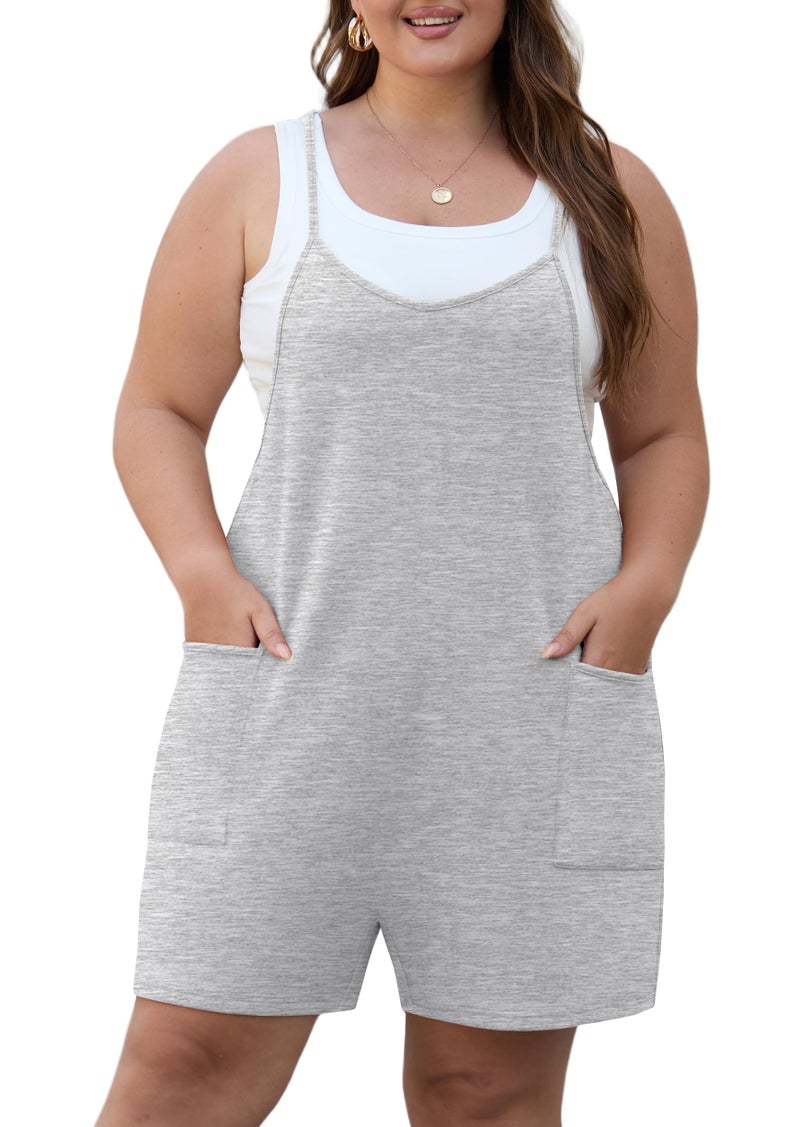 OLRIK Women's Plus Size Romper Summer 2026 With Pockets Sleeveless Loose Spaghetti Strap Casual Overall Shorts Outfits Light Grey-1X - Image 1