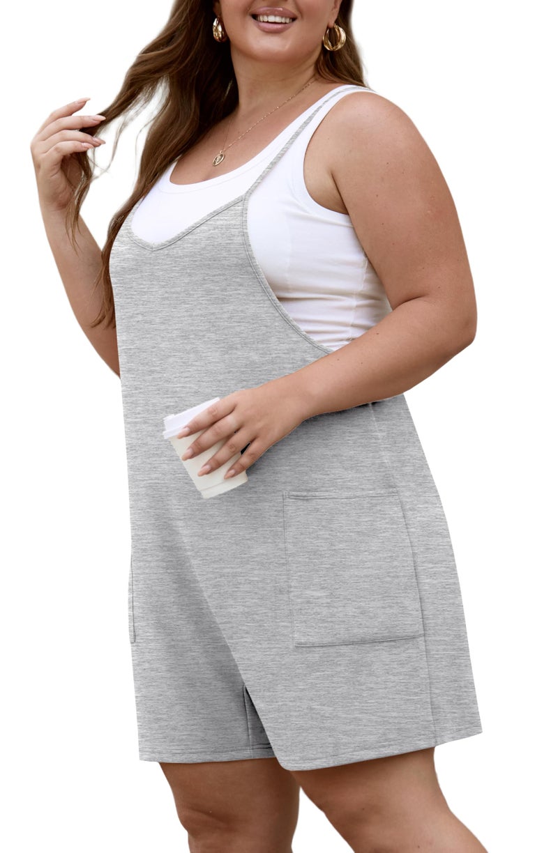 OLRIK Women's Plus Size Romper Summer 2026 With Pockets Sleeveless Loose Spaghetti Strap Casual Overall Shorts Outfits Light Grey-1X - Image 4