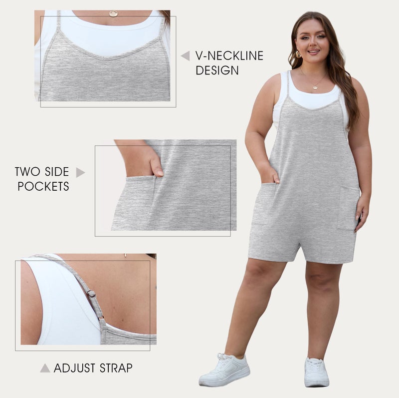 OLRIK Women's Plus Size Romper Summer 2026 With Pockets Sleeveless Loose Spaghetti Strap Casual Overall Shorts Outfits Light Grey-1X - Image 3