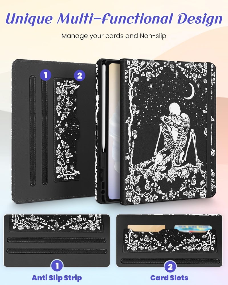 Kidcube for Samsung Galaxy Tab A9 Plus Case 11 Inch - for Women Girls Cute Rotating Stand Folio Cover with Pencil Holder & Card Slot Goth Skull Floral Unique Design for Samsung A9 Plus Tablet Cases - Image 3