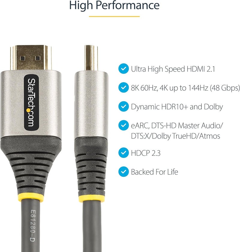 StarTech .com 3ft (1m) HDMI 2.1 Cable 8K - Certified Ultra High Speed HDMI Cable 48Gbps - 8K 60Hz/4K 120Hz HDR10+ eARC - Ultra HD 8K HDMI Cable - Monitor/TV/Display - Flexible TPE Jacket (HDMM21V1M) - Image 2