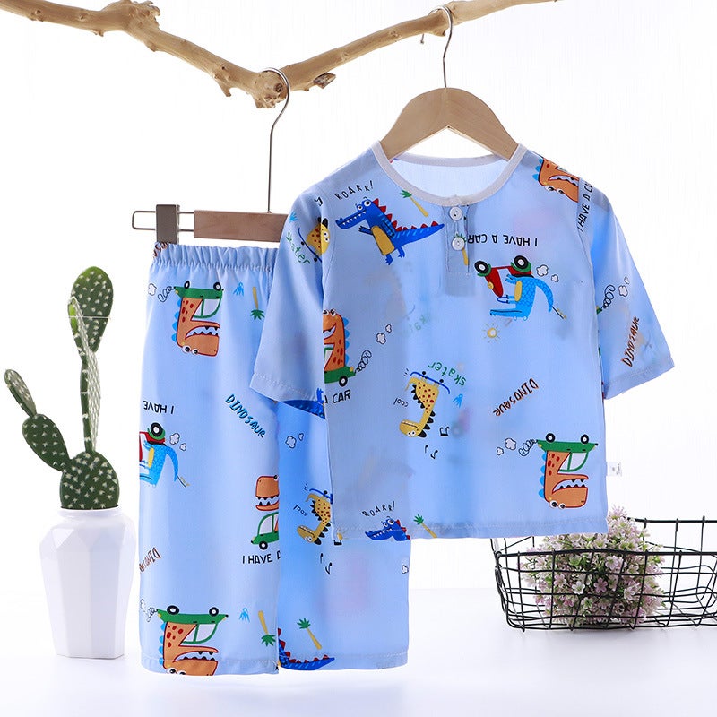 Kids Summer Cotton Pajama Set Blue dinosaur cycling seven points repair kit