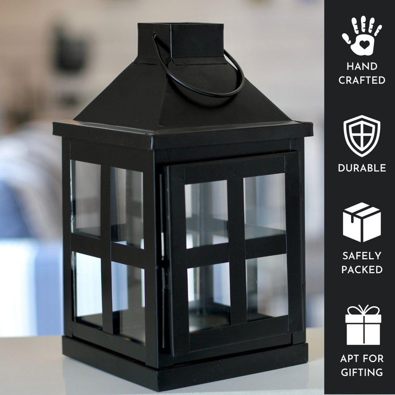 Behoma Vintage Style Candle Lantern Metal and Glass for Home Decoration Lantern for Tabletop and WallHanging Indoor and Outdoor Matte Black Color Small CandleLights NOT Included - Image 5