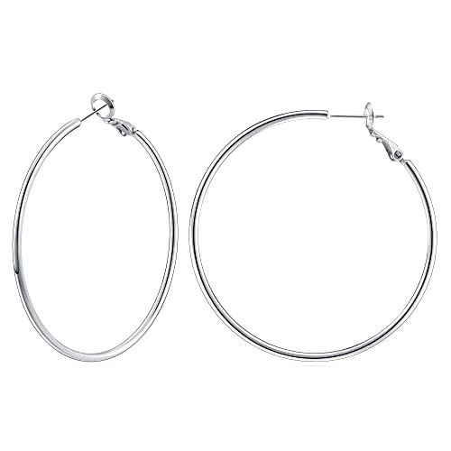 Gacimy Large Hoop Earrings for Women 14K White Gold Plated, 925 Sterling Silver Post Hoops for Women, 50mm Silver Tone Big Earrings - Image 1