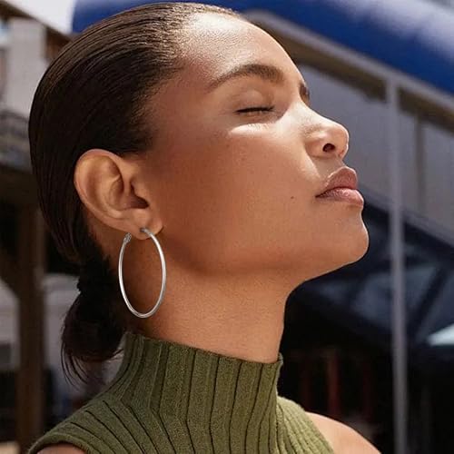Gacimy Large Hoop Earrings for Women 14K White Gold Plated, 925 Sterling Silver Post Hoops for Women, 50mm Silver Tone Big Earrings - Image 5