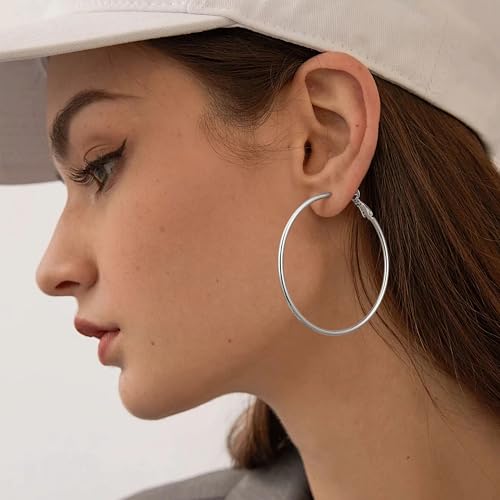 Gacimy Large Hoop Earrings for Women 14K White Gold Plated, 925 Sterling Silver Post Hoops for Women, 50mm Silver Tone Big Earrings - Image 4