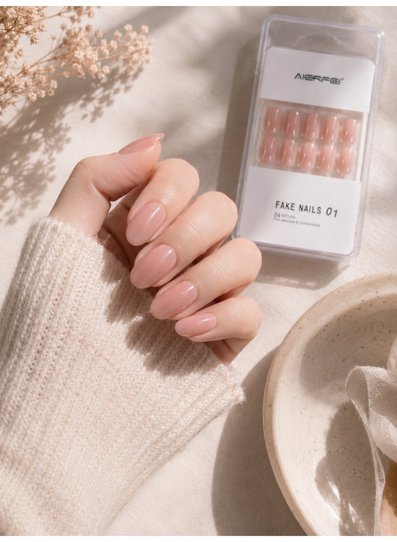 AIERFEI Premium Peach Nude Glossy Press On Nails – 24 Pcs Reusable Fake Nails Set for Women, Short Oval Full Cover Artificial Nails with Comfortable Fit for Daily Wear & Parties - Image 1