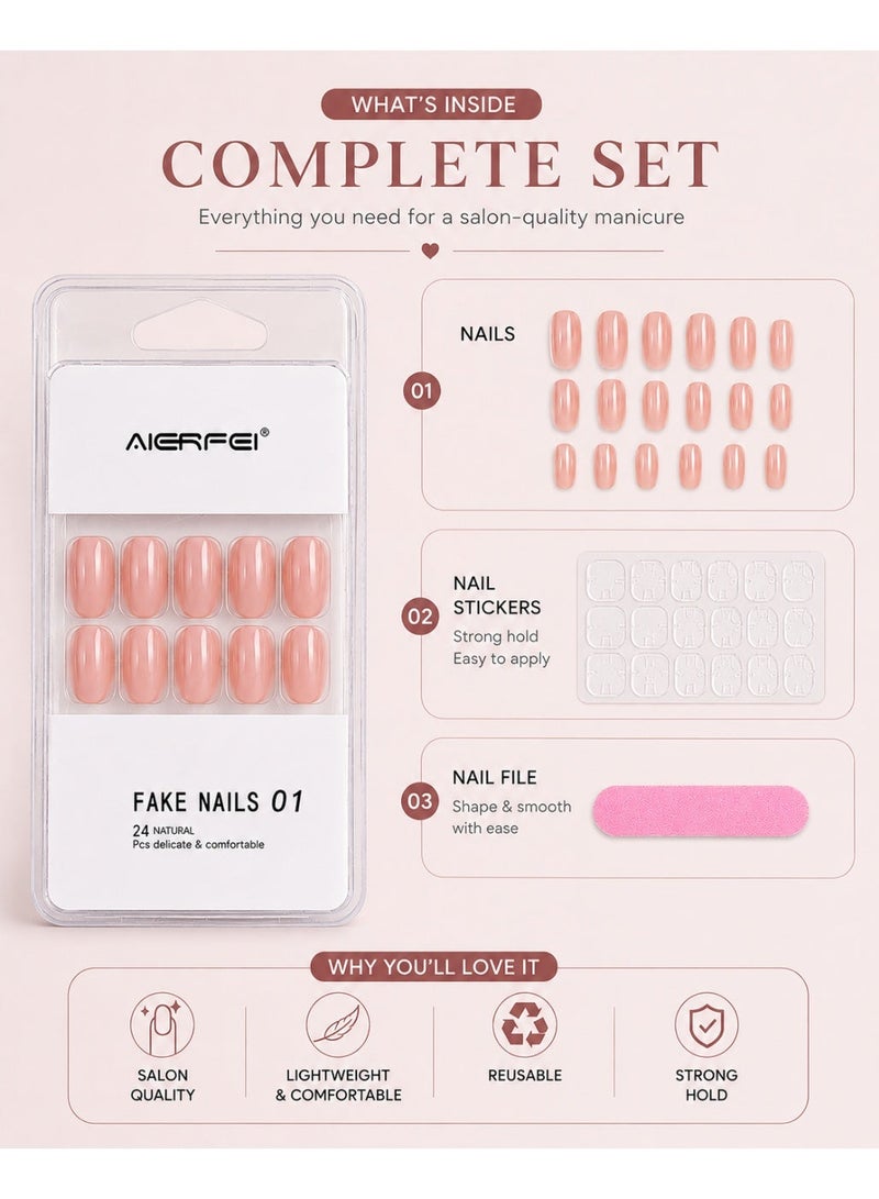 AIERFEI Premium Peach Nude Glossy Press On Nails – 24 Pcs Reusable Fake Nails Set for Women, Short Oval Full Cover Artificial Nails with Comfortable Fit for Daily Wear & Parties - Image 4