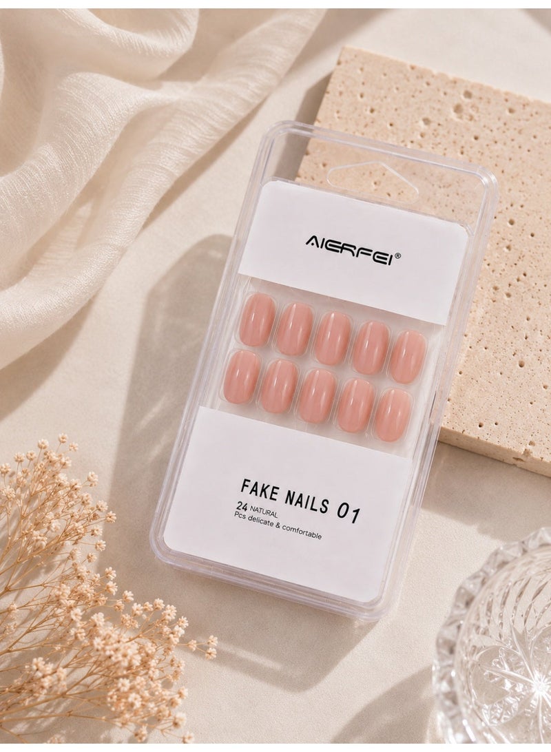 AIERFEI Premium Peach Nude Glossy Press On Nails – 24 Pcs Reusable Fake Nails Set for Women, Short Oval Full Cover Artificial Nails with Comfortable Fit for Daily Wear & Parties - Image 2