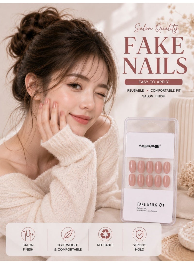 AIERFEI Premium Peach Nude Glossy Press On Nails – 24 Pcs Reusable Fake Nails Set for Women, Short Oval Full Cover Artificial Nails with Comfortable Fit for Daily Wear & Parties - Image 3