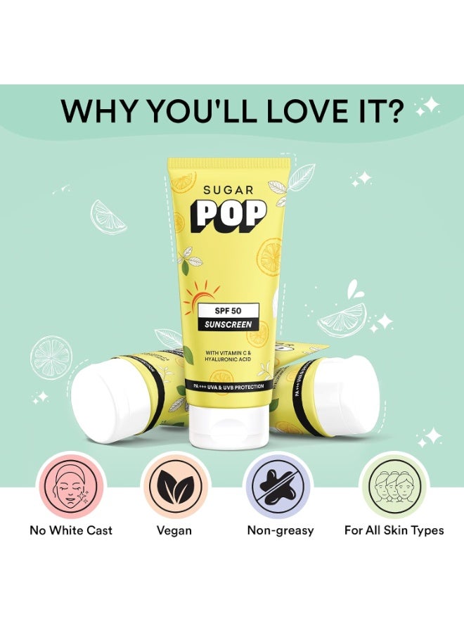 سكر بوب واقي الشمس SUGAR POP بمعامل حماية SPF 50، مع فيتامين C وحمض الهيالورونيك - 50 جم - خفيف الوزن | غير دهني | لا يترك أثراً أبيض | مناسب لجميع أنواع البشرة - Image 2