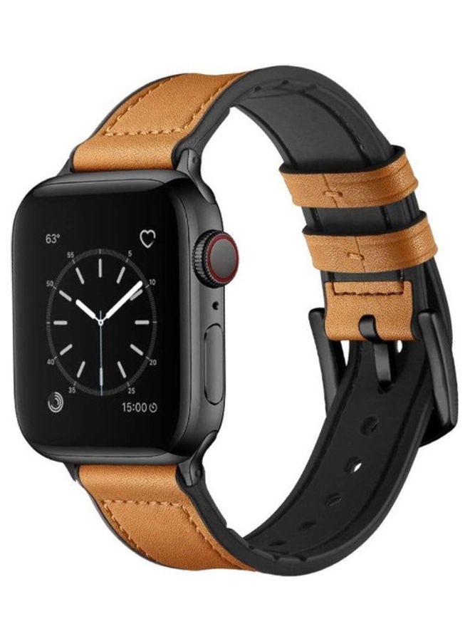 NIBEMINENT Genuine Leather and Rubber Hybrid Band Strap For Apple iWatch Series 6/SE/5/4/3/2/1 Camel Brown  - Image 1