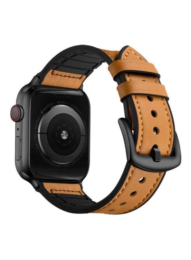NIBEMINENT Genuine Leather and Rubber Hybrid Band Strap For Apple iWatch Series 6/SE/5/4/3/2/1 Camel Brown  - Image 2