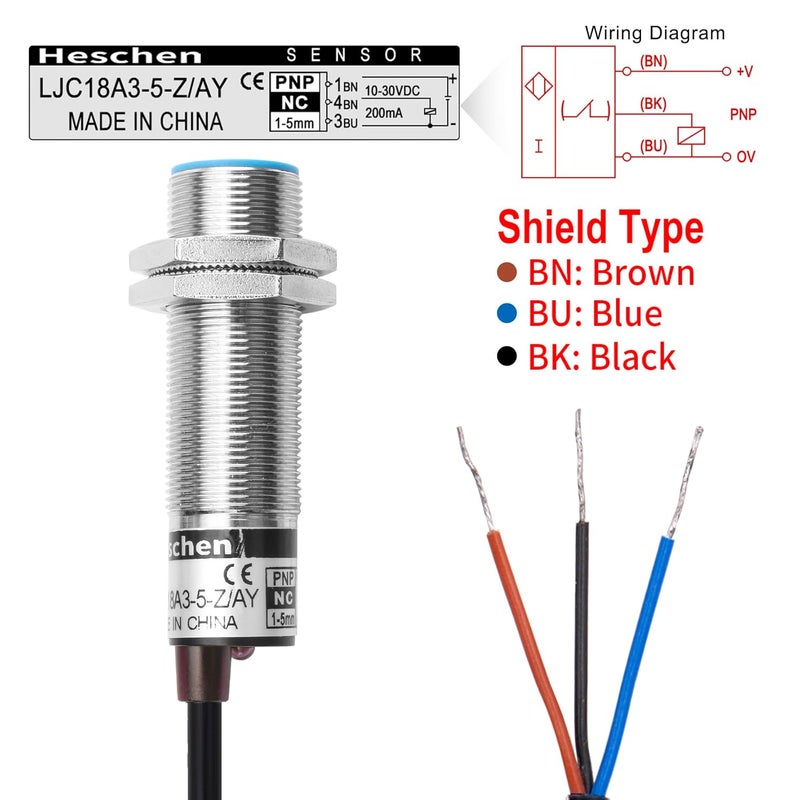 Heschen M18 Capacitive Proximity Sensor Switch Shield Type LJC18A3-5-Z/AY Detection 5mm 10-30VDC 200mA PNP Normally Closed(NC) 3 Wires - Image 3
