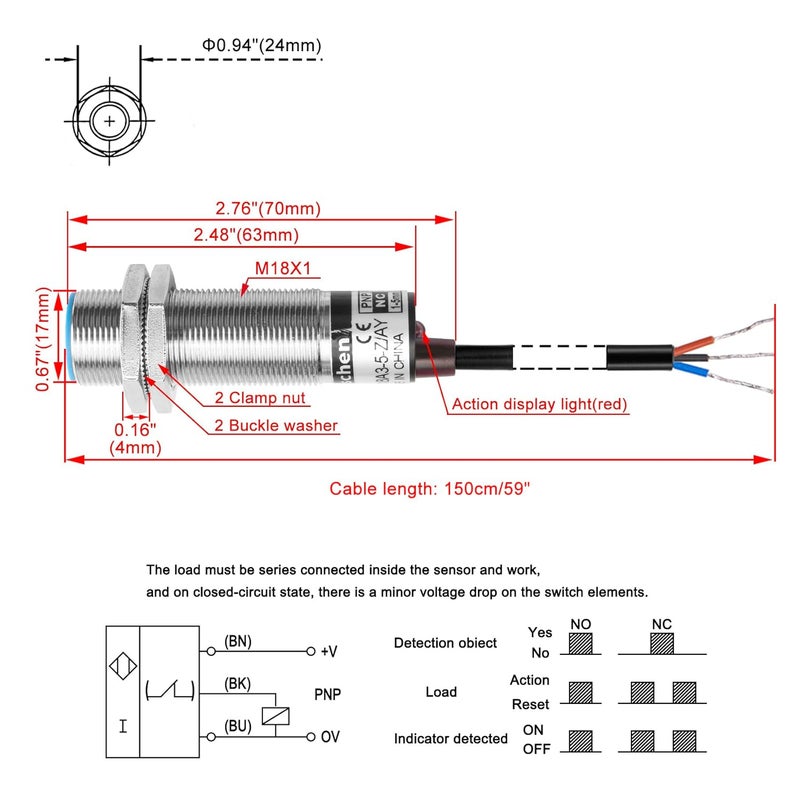 Heschen M18 Capacitive Proximity Sensor Switch Shield Type LJC18A3-5-Z/AY Detection 5mm 10-30VDC 200mA PNP Normally Closed(NC) 3 Wires - Image 2