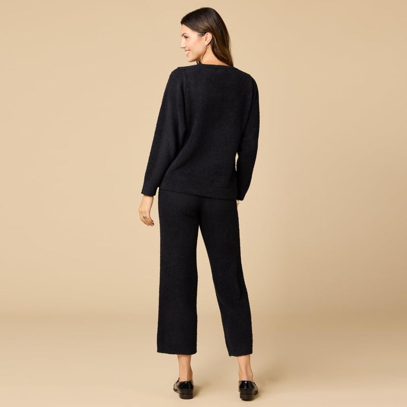 Softies Marshmallow Reverse Seam Crew Neck Lounge Set for Women Ultra Soft 2 Piece Loungewear with Bracelet Sleeve Top, Black, Medium - Image 3