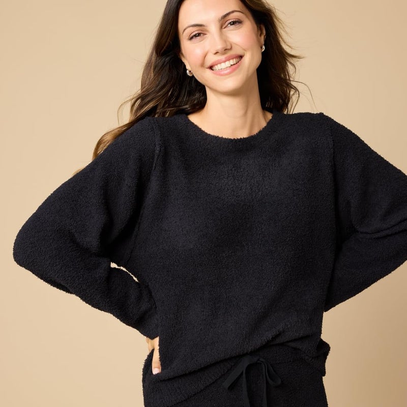 Softies Marshmallow Reverse Seam Crew Neck Lounge Set for Women Ultra Soft 2 Piece Loungewear with Bracelet Sleeve Top, Black, Medium - Image 5