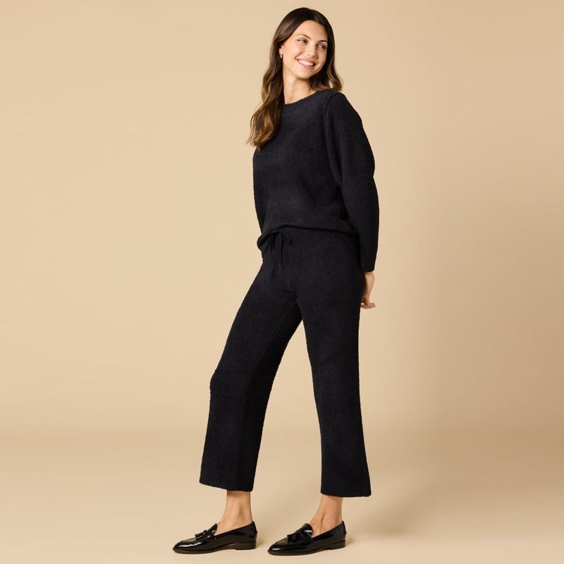 Softies Marshmallow Reverse Seam Crew Neck Lounge Set for Women Ultra Soft 2 Piece Loungewear with Bracelet Sleeve Top, Black, Medium - Image 2