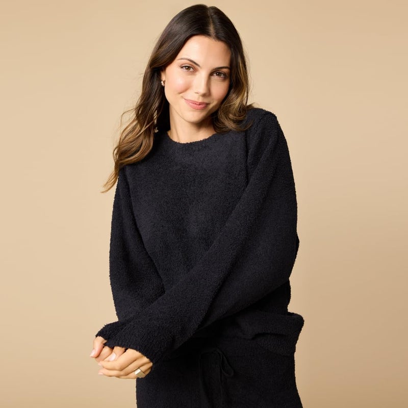 Softies Marshmallow Reverse Seam Crew Neck Lounge Set for Women Ultra Soft 2 Piece Loungewear with Bracelet Sleeve Top, Black, Medium - Image 4