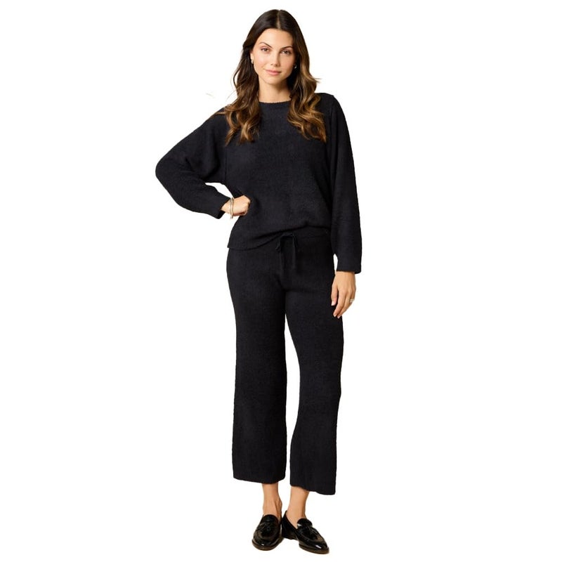 Softies Marshmallow Reverse Seam Crew Neck Lounge Set for Women Ultra Soft 2 Piece Loungewear with Bracelet Sleeve Top, Black, Medium - Image 1