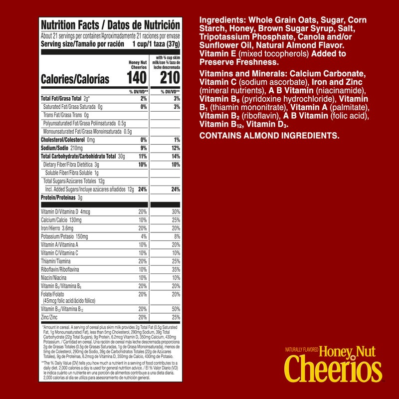 Cheerios Honey Nut Cheerios, Heart Healthy Gluten Free Breakfast Cereal with Whole Grain Oats, Mega Size, 27.2 oz - Image 2