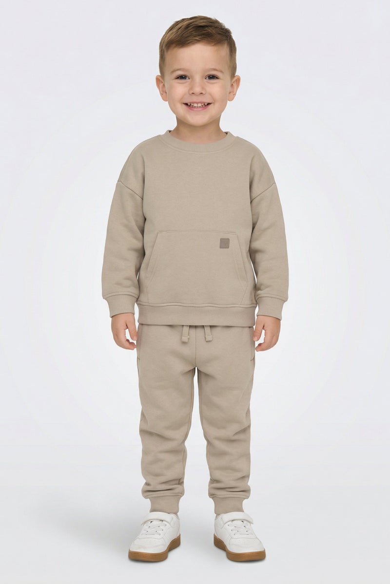 Fudo Toddlers Boy 2 Pieces Brand Logo Long Sleeve Sweatshirt With Jogger Pants Set, Dark Beige - Image 1