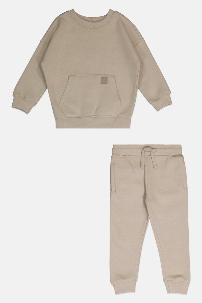Fudo Toddlers Boy 2 Pieces Brand Logo Long Sleeve Sweatshirt With Jogger Pants Set, Dark Beige - Image 3
