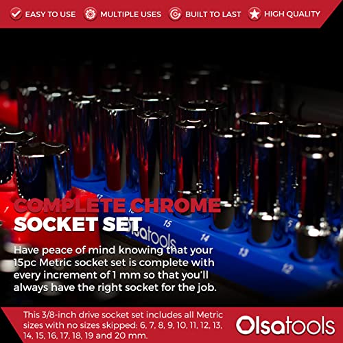 Olsa Tools Metric Shallow Socket Set - 3/8-Inch Drive, 15pc - 6-Point Chrome Sockets from 6mm–20mm and No Skipped Sizes - Mechanic Shallow Metric Socket Set - Professional Grade Sockets - Part: 1331 - Image 2