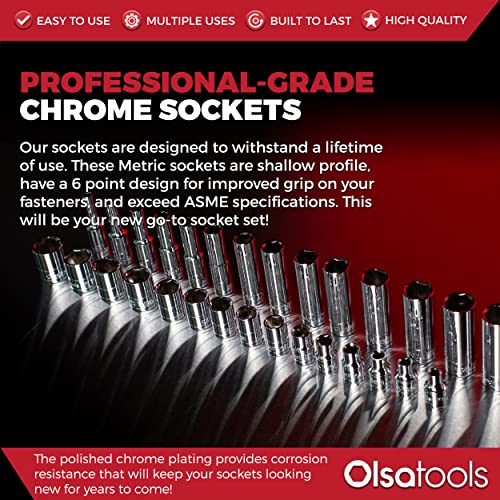 Olsa Tools Metric Shallow Socket Set - 3/8-Inch Drive, 15pc - 6-Point Chrome Sockets from 6mm–20mm and No Skipped Sizes - Mechanic Shallow Metric Socket Set - Professional Grade Sockets - Part: 1331 - Image 5