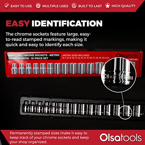 Olsa Tools Metric Shallow Socket Set - 3/8-Inch Drive, 15pc - 6-Point Chrome Sockets from 6mm–20mm and No Skipped Sizes - Mechanic Shallow Metric Socket Set - Professional Grade Sockets - Part: 1331 - Image 3