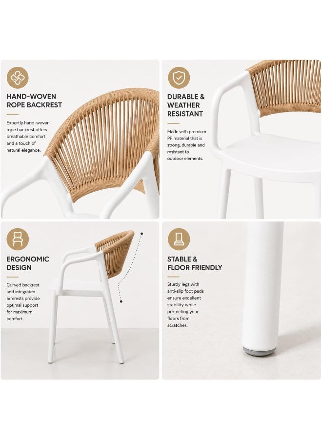 Marcolo Chair with Arms, Outdoor Plastic Dining Armchair, Weather & UV Resistant Patio Chair for Balcony, Garden, Kitchen & Indoor Outdoor Use, Modern Rope-Style Design, 41x53.5x82cm (White) - Image 5